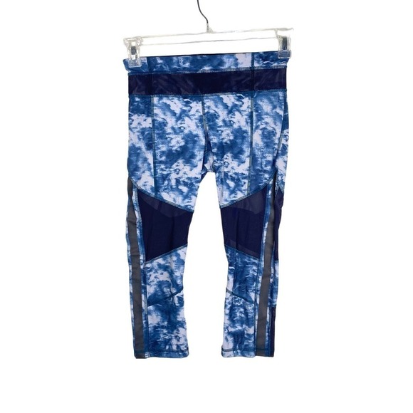 Lululemon Mesh With Me Blue White Water Color Print Tight Fit Mid Rise Size 4 - Picture 1 of 6